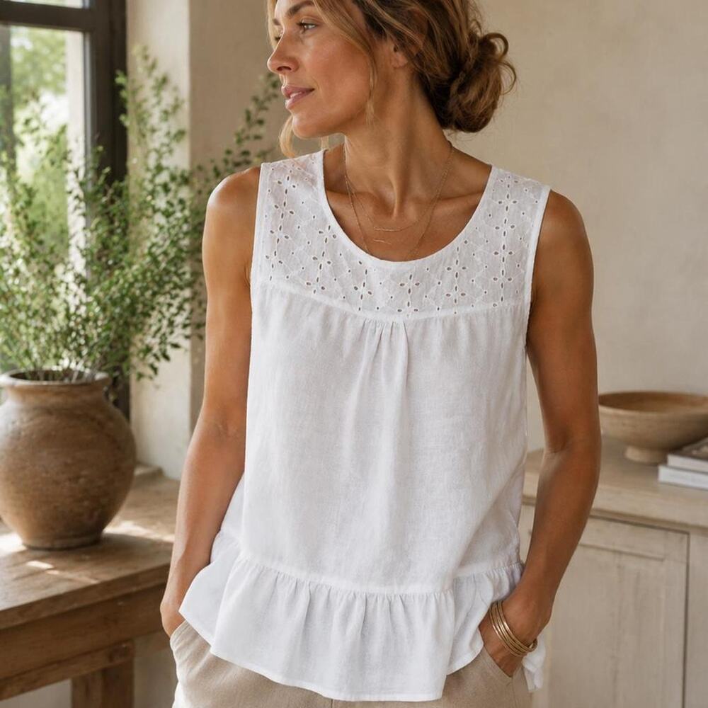 Francesca Bettini 100% Linen White Eyelet Embroidered Peplum Top Italy L